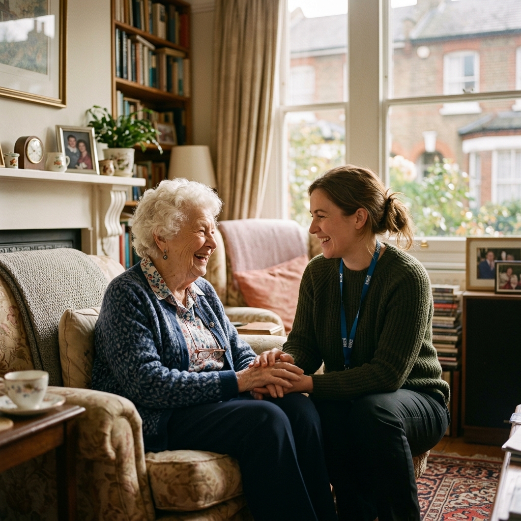 Carer smiling with an older woman at home